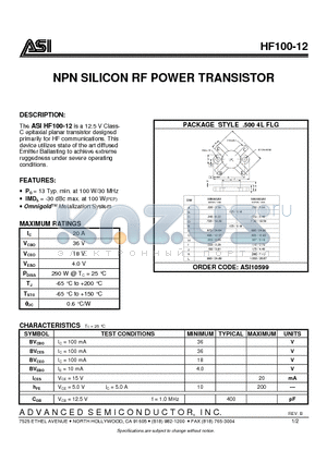 HF100-12 datasheet - NPN SILICON RF POWER TRANSISTOR