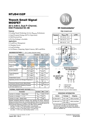NTJD4152PT1G datasheet - Trench Small Signal MOSFET 20 V, 0.88 A, Dual P-Channel, ESD Protected SC-88