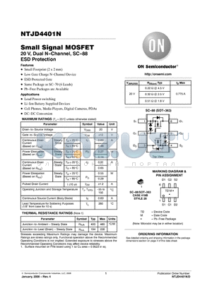 NTJD4401NT2G datasheet - Small Signal MOSFET 20 V, Dual N-Channel, SC-88 ESD Protection