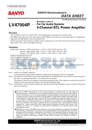 LV47004P datasheet - For Car Audio Systems 4-Channel BTL Power Amplifier