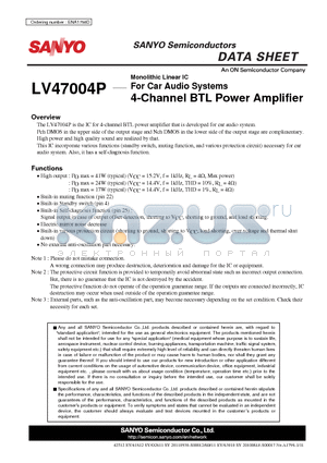 LV47004P datasheet - For Car Audio Systems 4-Channel BTL Power Amplifier