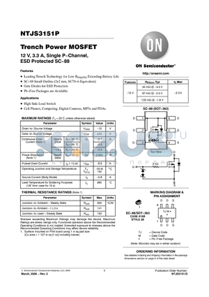 NTJS3151PT1 datasheet - Trench Power MOSFET 12 V, 3.3 A, Single P−Channel, ESD Protected SC−88