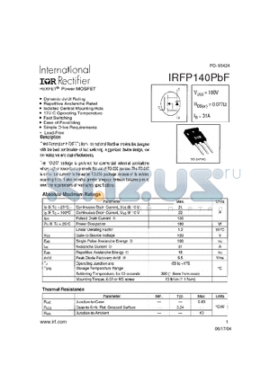 IRFP140PBF datasheet - Preferred for commercail-industrial applications where higher power levels preclude the use of TO-220 devices.