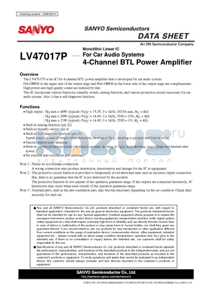 LV47017P datasheet - For Car Audio Systems 4-Channel BTL Power Amplifier