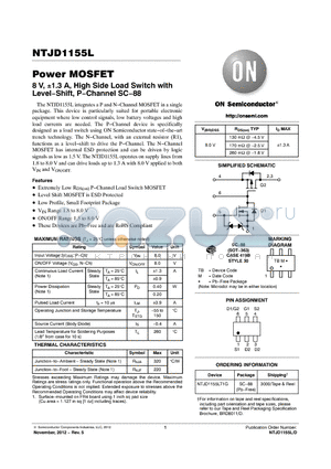 NTJD1155LT1G datasheet - Power MOSFET High Side Load Switch with LevelShift, PChannel SC88