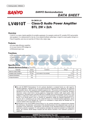 LV4910T datasheet - Bi-CMOS LSI Class-D Audio Power Amplifier BTL 2W  2ch