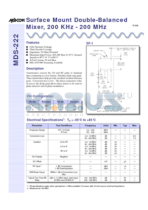 MDS-222PIN datasheet - Surface Mount Double-Balanced Mixer, 200 KHz - 200 MHz