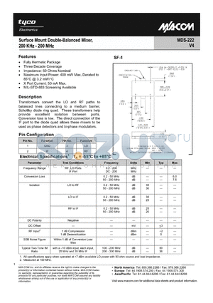 MDS-222PIN datasheet - Surface Mount Double-Balance Mixer, 200 KHz - 200 MHz