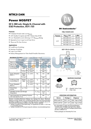 NTK3134NT1G datasheet - Power MOSFET 20 V, 890 mA, Single N−Channel with ESD Protection, SOT−723