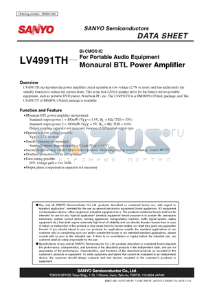 LV4991TH datasheet - Bi-CMOS IC For Portable Audio Equipment Monaural BTL Power Amplifier