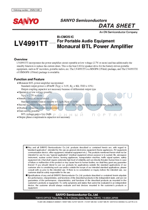 LV4991TT datasheet - For Portable Audio Equipment Monaural BTL Power Amplifier