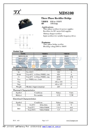 MDS100-08 datasheet - Three Phase Rectifier Bridge