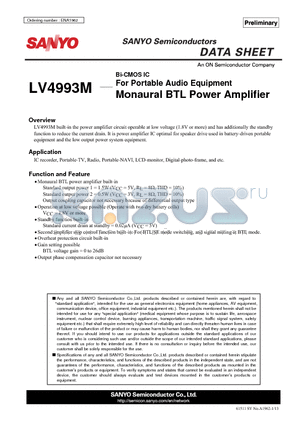 LV4993M datasheet - For Portable Audio Equipment Monaural BTL Power Amplifier