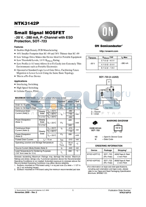 NTK3142PT1G datasheet - Small Signal MOSFET 20 V, 280 mA, PChannel with ESD Protection, SOT723
