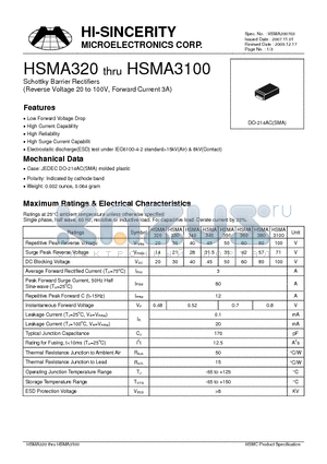 HSMA3100 datasheet - Schottky Barrier Rectifiers (Reverse Voltage 20 to 100V, Forward Current 3A)
