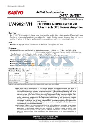 LV49821VH datasheet - For Portable Electronic Device Use 1.4W  2ch BTL Power Amplifier