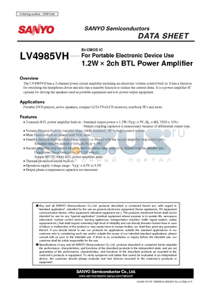 LV4985VH datasheet - Bi-CMOS IC For Portable Electronic Device Use 1.2W  2ch BTL Power Amplifier
