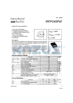 IRFP240PBF datasheet - HEXFET^ Power MOSFET