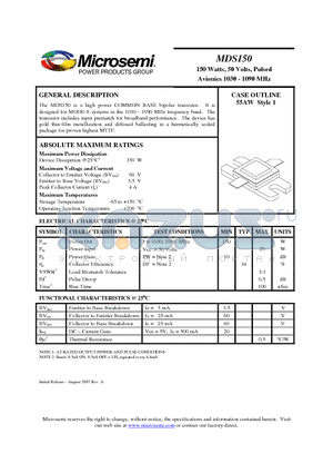 MDS150 datasheet - 150 Watts, 50 Volts, Pulsed Avionics 1030 - 1090 MHz