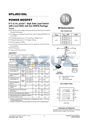 NTLJD2105L datasheet - POWER MOSFET 8 V, 4.3 A, uCool High Side Load Switch with Level Shift, 2x2 mm WDFN Package