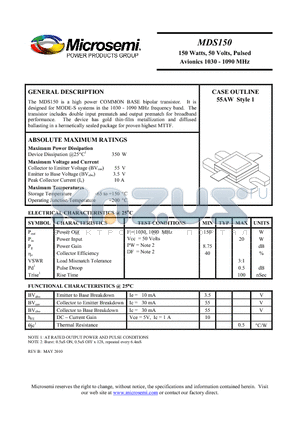 MDS150_10 datasheet - 150 Watts, 50 Volts, Pulsed Avionics 1030 - 1090 MHz