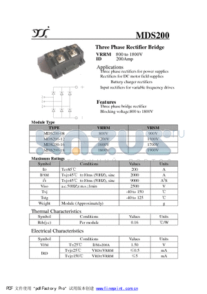 MDS200-16 datasheet - Three Phase Rectifier Bridge