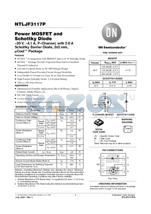NTLJF3117PT1G datasheet - Power MOSFET and Schottky Diode −20 V, −4.1 A, P−Channel, with 2.0 A Schottky Barrier Diode, 2x2 mm, uCool Package