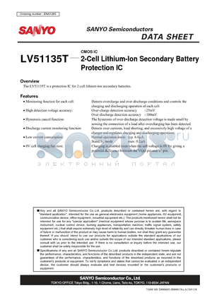 LV51135T datasheet - CMOS IC 2-Cell Lithium-Ion Secondary Battery Protection IC