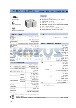 HF105-1005D-1DS datasheet - MINIATURE HIGH POWER RELAY