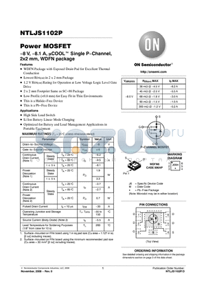 NTLJS1102P datasheet - Power MOSFET −8 V, −8.1 A, COOL Single P−Channel, 2x2 mm, WDFN package