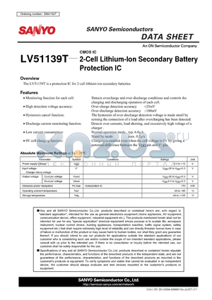LV51139T datasheet - 2-Cell Lithium-Ion Secondary Battery Protection IC