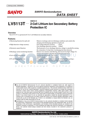 LV5113T datasheet - CMOS IC 2-Cell Lithium-Ion Secondary Battery Protection IC