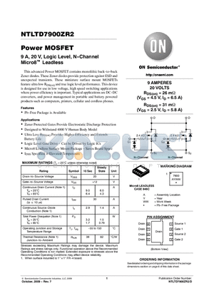 NTLTD7900ZR2 datasheet - Power MOSFET 9 A, 20 V, Logic Level, N-Channel Micro8 Leadless