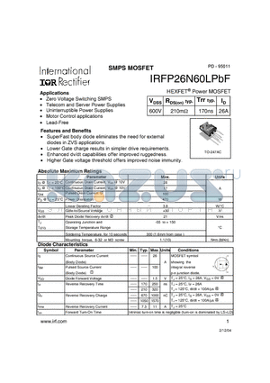 IRFP26N60LPBF datasheet - HEXFET Power MOSFET ( VDSS = 600V , RDS(on)typ. = 210mY , Trr typ. = 170ns , ID = 26A )
