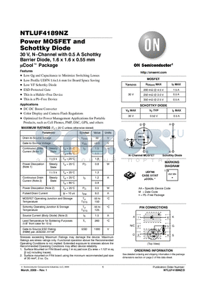 NTLUF4189NZTAG datasheet - Power MOSFET and Schottky Diode 30 V, N−Channel with 0.5 A Schottky Barrier Diode, 1.6 x 1.6 x 0.55 mm Cool Package