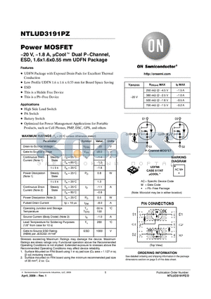 NTLUD3191PZ datasheet - Power MOSFET −20 V, −1.8 A, Cool Dual P−Channel, ESD, 1.6x1.6x0.55 mm UDFN Package