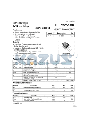 IRFP32N50 datasheet - Power MOSFET(Vdss=500V, Rds(on)typ.=0.135ohm, Id=32A)