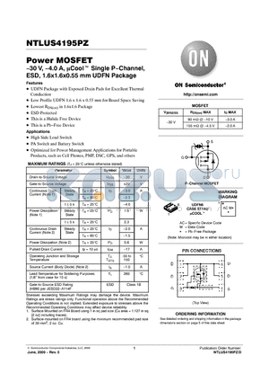 NTLUS4195PZTAG datasheet - Power MOSFET −30 V, −4.0 A, Cool Single P−Channel, ESD, 1.6x1.6x0.55 mm UDFN Package