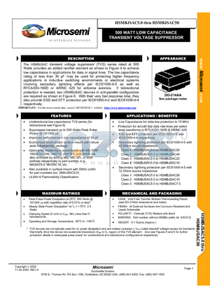 HSMBJSAC7.0 datasheet - 500 WATT LOW CAPACITANCE TRANSIENT VOLTAGE SUPPRESSOR