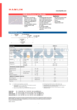MDSR-10 datasheet - Sub-miniature normally open switch with 10.16mm x 1.80mm