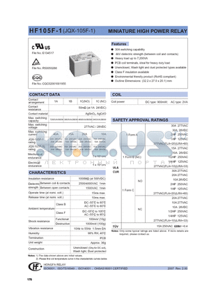 HF105-1110A-1DS datasheet - MINIATURE HIGH POWER RELAY