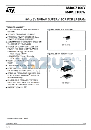 M40SZ100YMQ datasheet - 5V or 3V NVRAM SUPERVISOR FOR LPSRAM