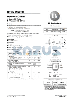 NTMD4N03R2 datasheet - Power MOSFET 4 Amps, 30 Volts N−Channel SO−8 Dual