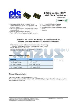 LV5544DV-125.0M-T500 datasheet - LVDS Clock Oscillators