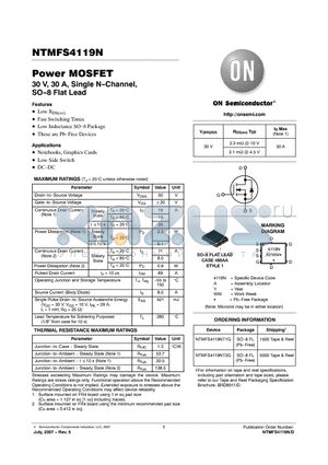 NTMFS4119NT1G datasheet - Power MOSFET 30 V, 30 A, Single N-Channel, SO-8 Flat Lead