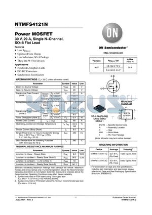 NTMFS4121NT3G datasheet - Power MOSFET 30 V, 29 A, Single N-Channel, SO-8 Flat Lead