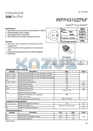IRFP4310ZPBF datasheet - HEXFET Power MOSFET