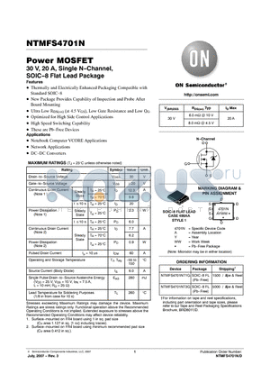 NTMFS4701NT3G datasheet - Power MOSFET 30 V, 20 A, Single N-Channel, SOIC-8 Flat Lead Package