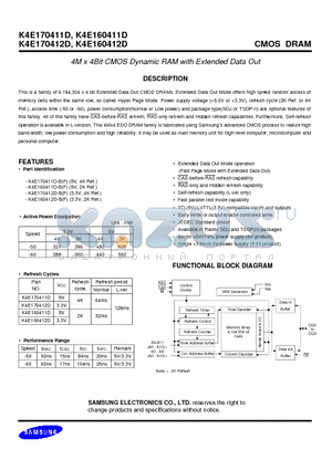 K4E160411D datasheet - 4M x 4Bit CMOS Dynamic RAM with Extended Data Out