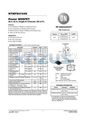 NTMFS4744N datasheet - Power MOSFET 30 V, 53 A, Single N-Channel, SO-8 FL